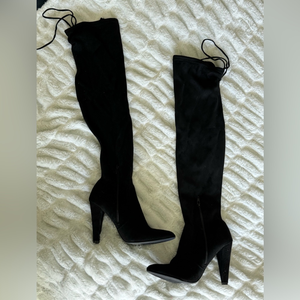 Black velvet over the knee boots with heel